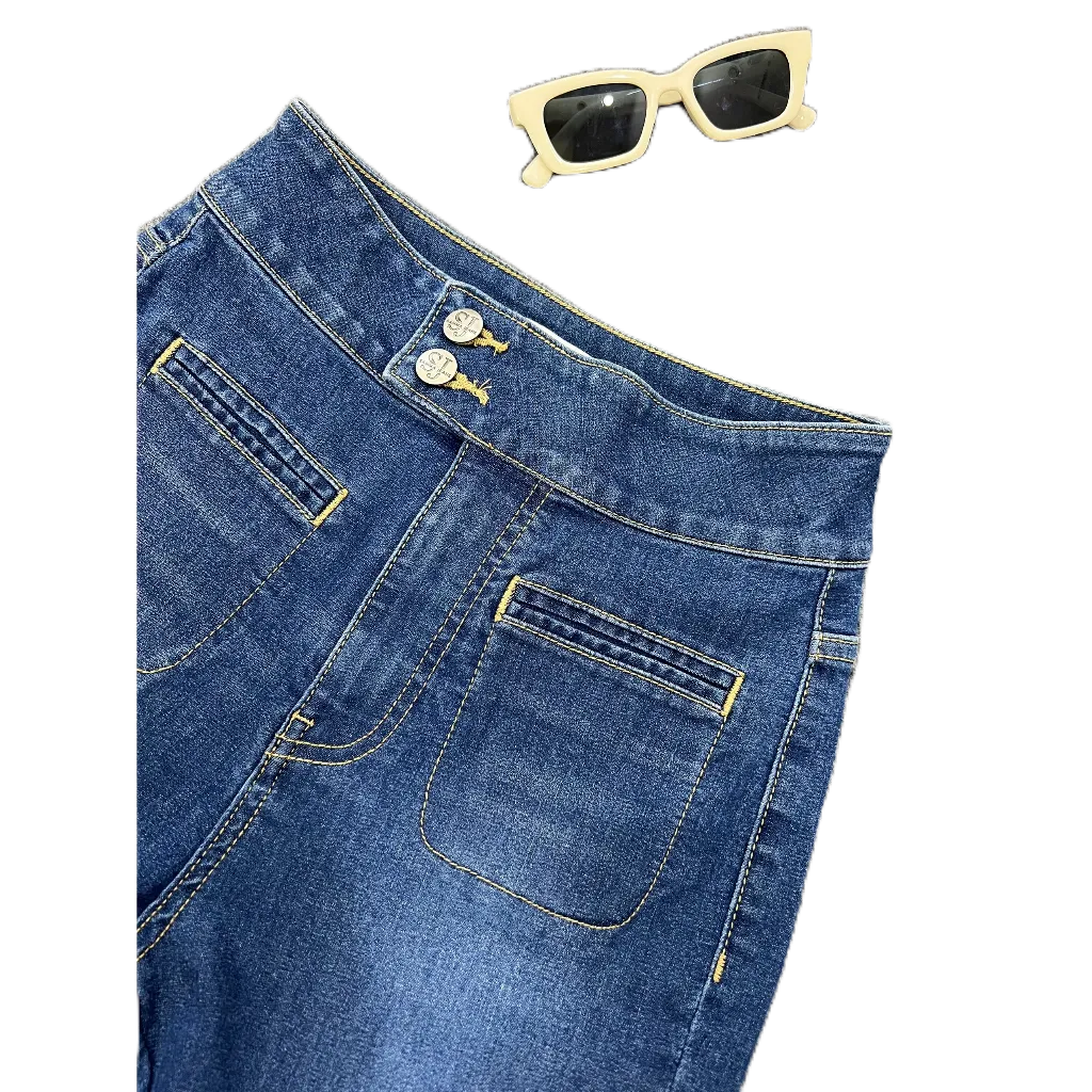 Quần jean nữ Ống Rộng SJP06 Quần bò gấu Bản To, quần bò Baggy nữ phom Suông chất jeans Co Giãn, thương hiệu Samma Jeans - BLUE