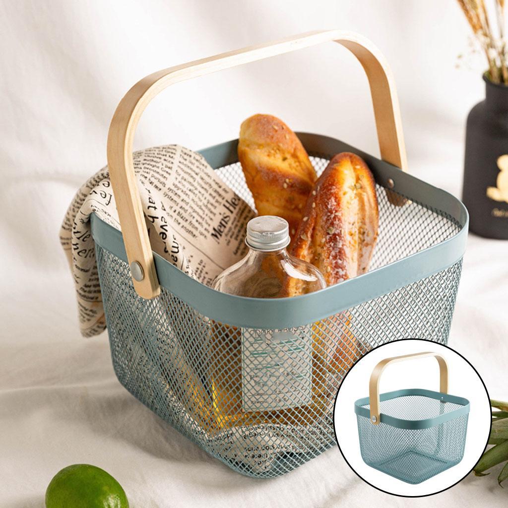 Mesh Storage Basket with Wooden Handle Vegetables Food Kitchen Organizer