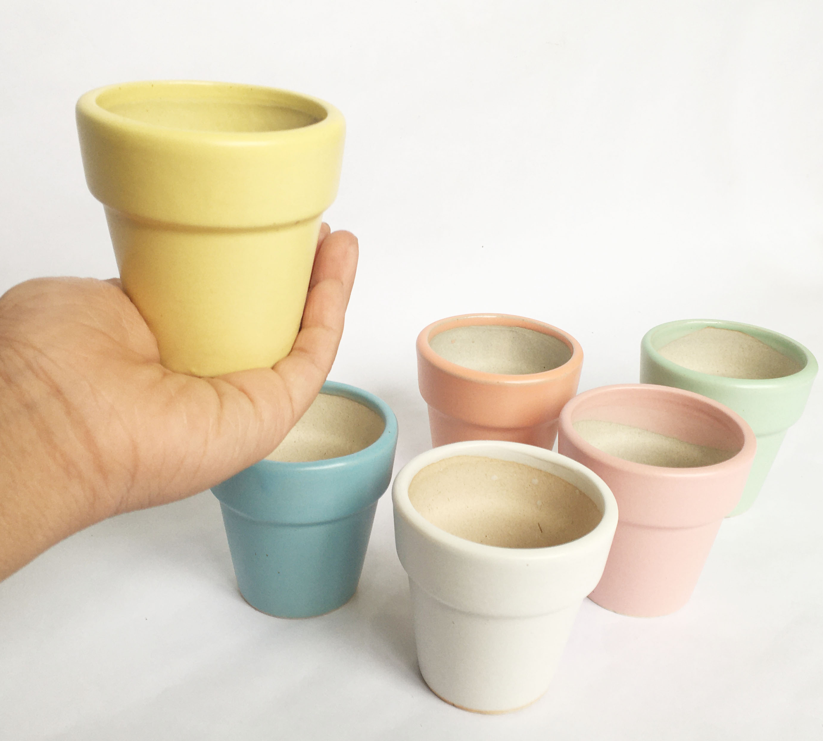 Combo 6 Chậu gốm nhỏ C7xR7cm 6 màu pastel, chậu gốm men mát Bát Tràng có lỗ vintage trồng sen đá, xương rồng, decor handmade