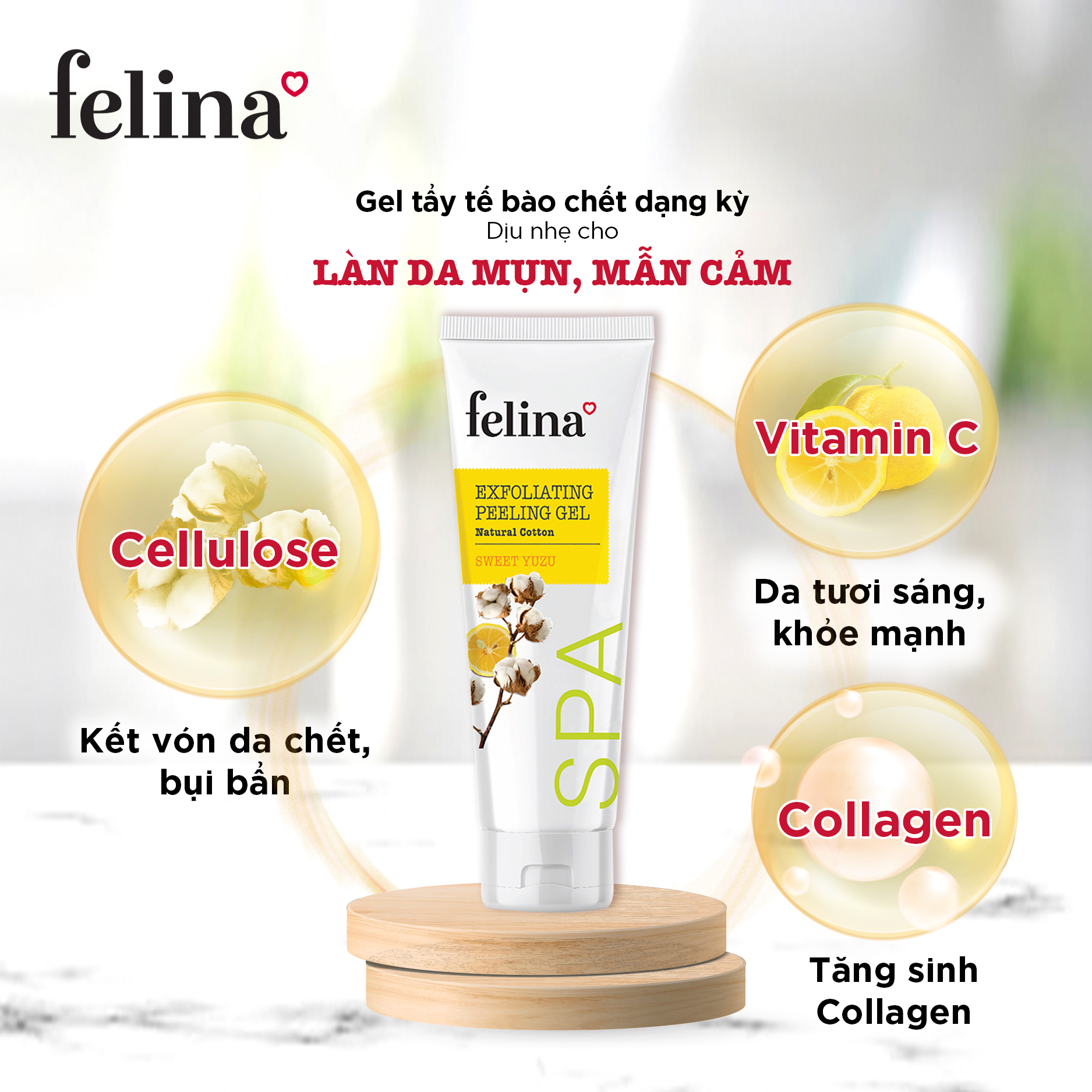 Tẩy tế bào chết Felina từ sợi bông vải dạng Gel 300ml - Cam Yuzu