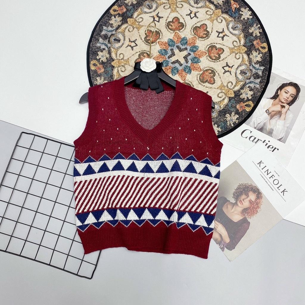 Áo gile len thổ cẩm cổ tim vintage