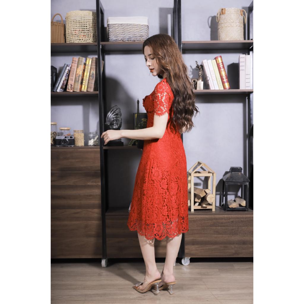 Váy Ren Cao Cấp Màu Đỏ Hoa Ngực 23V015 Pi Style
