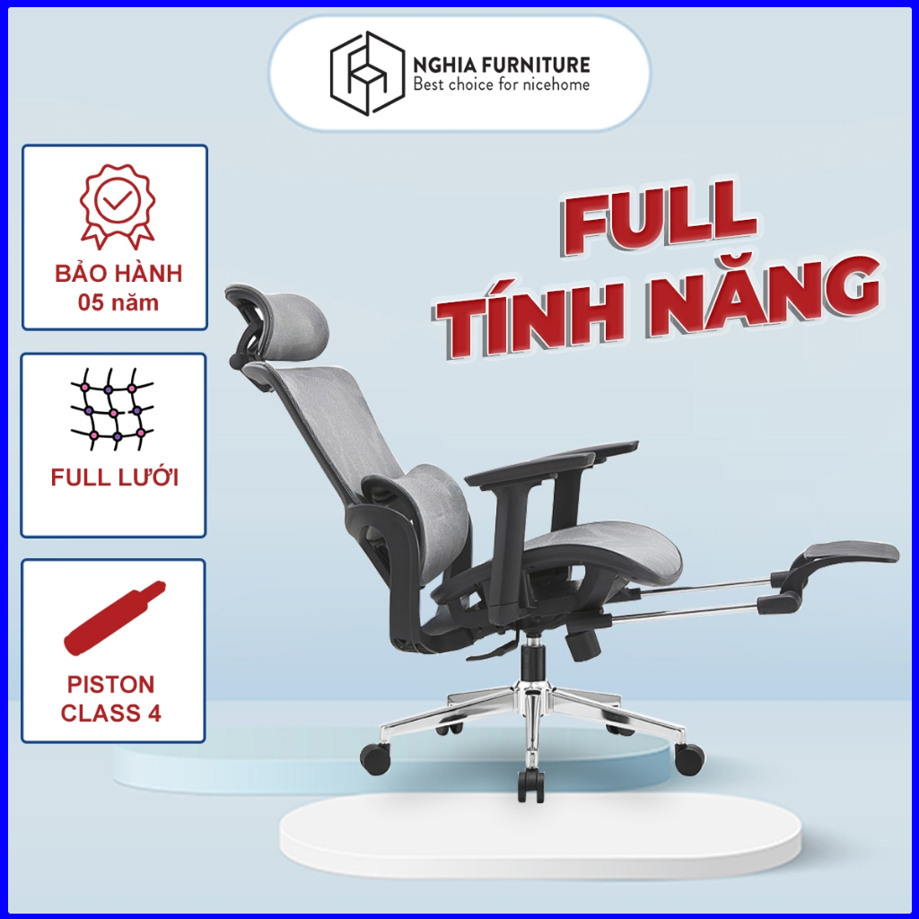 Ghế công thái học Nghiafurniture Mirai - Tối ưu về giá, tối đa tính năng, ngả lưng 140 độ, có gác chân, piston class4