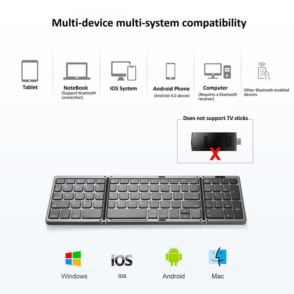 Bàn Phím Bluetooth Không Dây Gấp Được Có Đồng Bộ Số 3 Cho IOS / Android / Windows