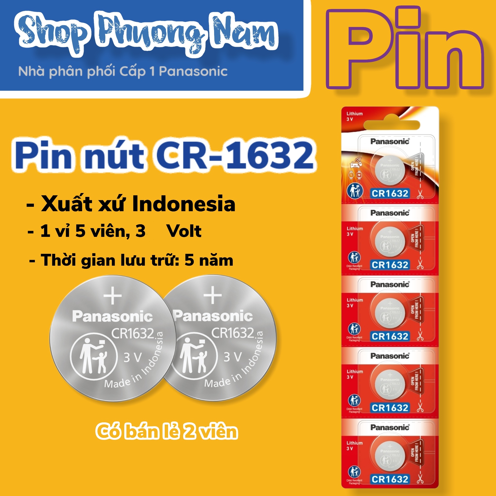 Vỉ pin nút Panasonic 1 vỉ 5 viên CR-1632/5BE (Hàng chính hãng)
