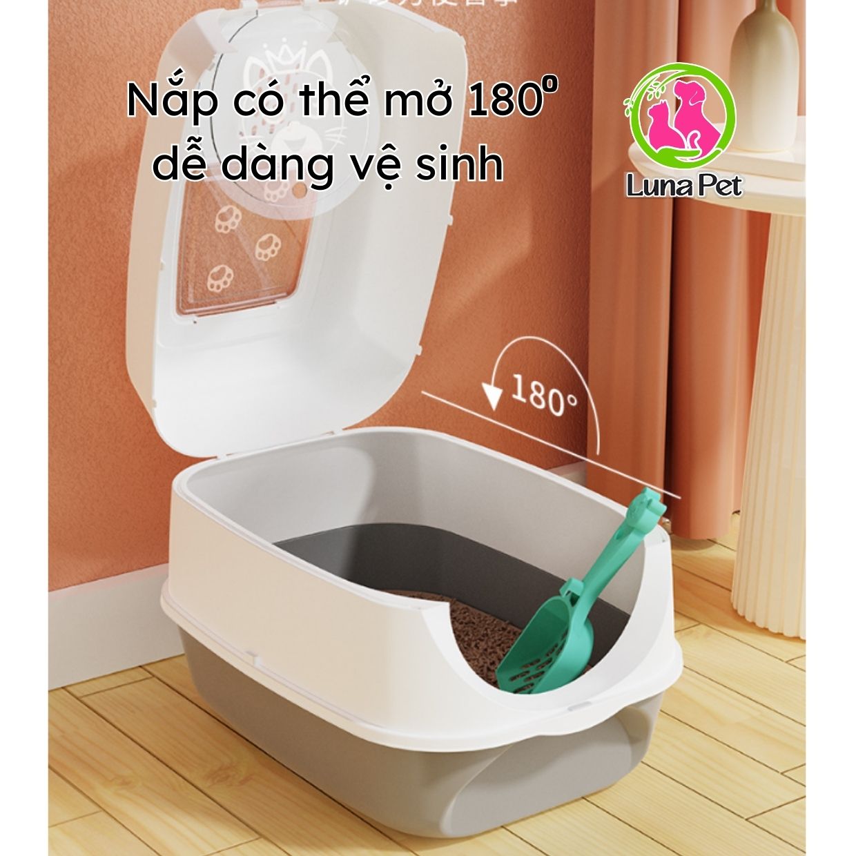 Nhà vệ sinh cho mèo 2 cửa lớn Luna Pet NVS07, Khay cát mèo lớn tặng kèm xẻng