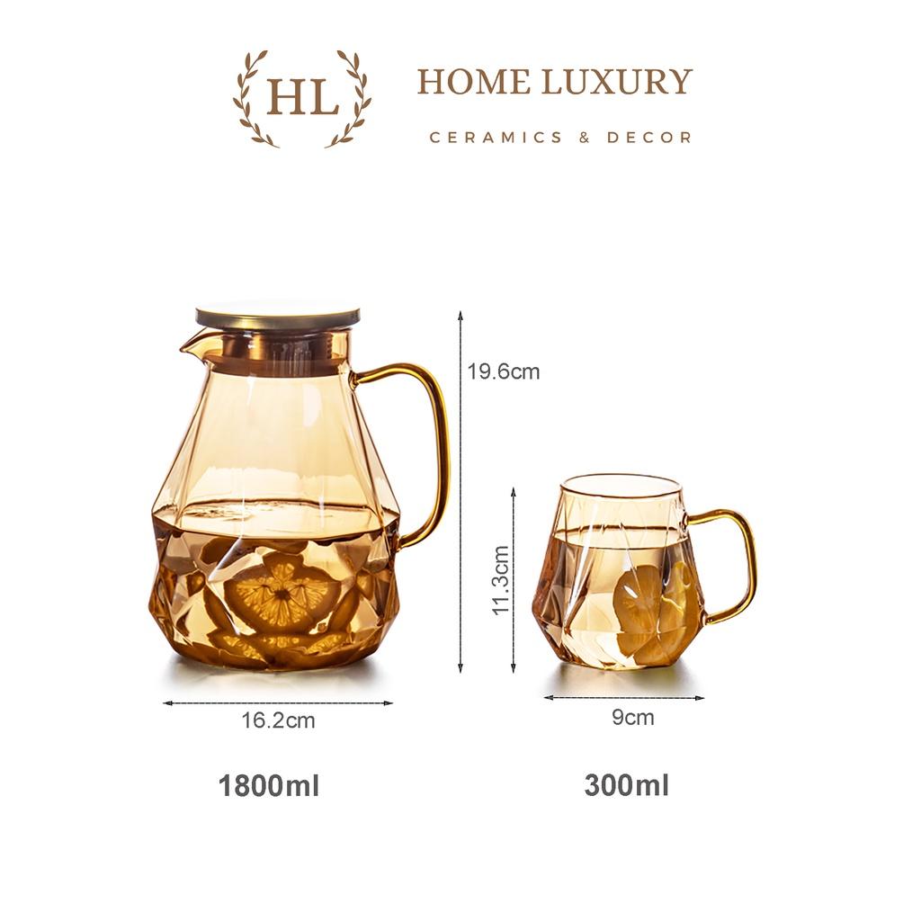 Bình Ly thuỷ tinh vàng có quai dáng kim cương | BỘ BÌNH CỐC BOROSILICATE SIÊU NHẸ - CHỊU NHIỆT - CƯỜNG LỰC LỤC GIÁC QUAI
