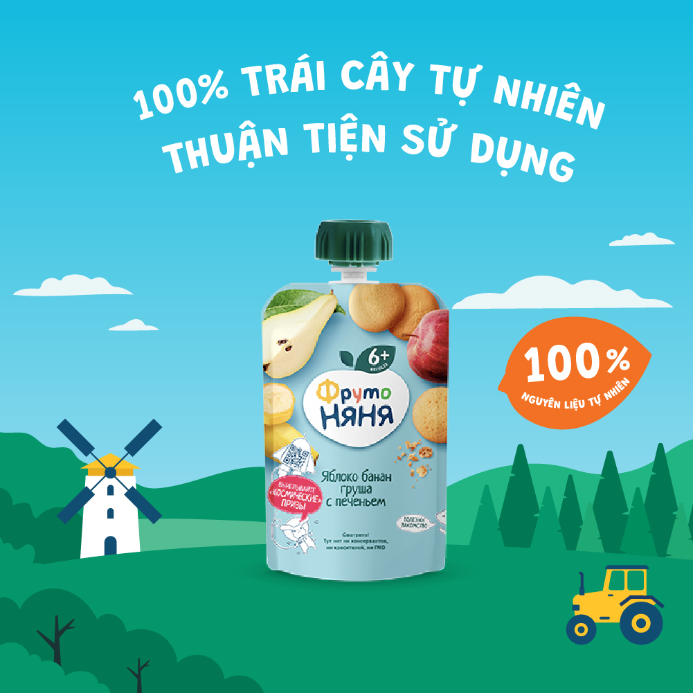 Combo 6 Gói Trái cây nghiền vị táo, chuối, lê và bánh quy Fruto Nyanya 90g