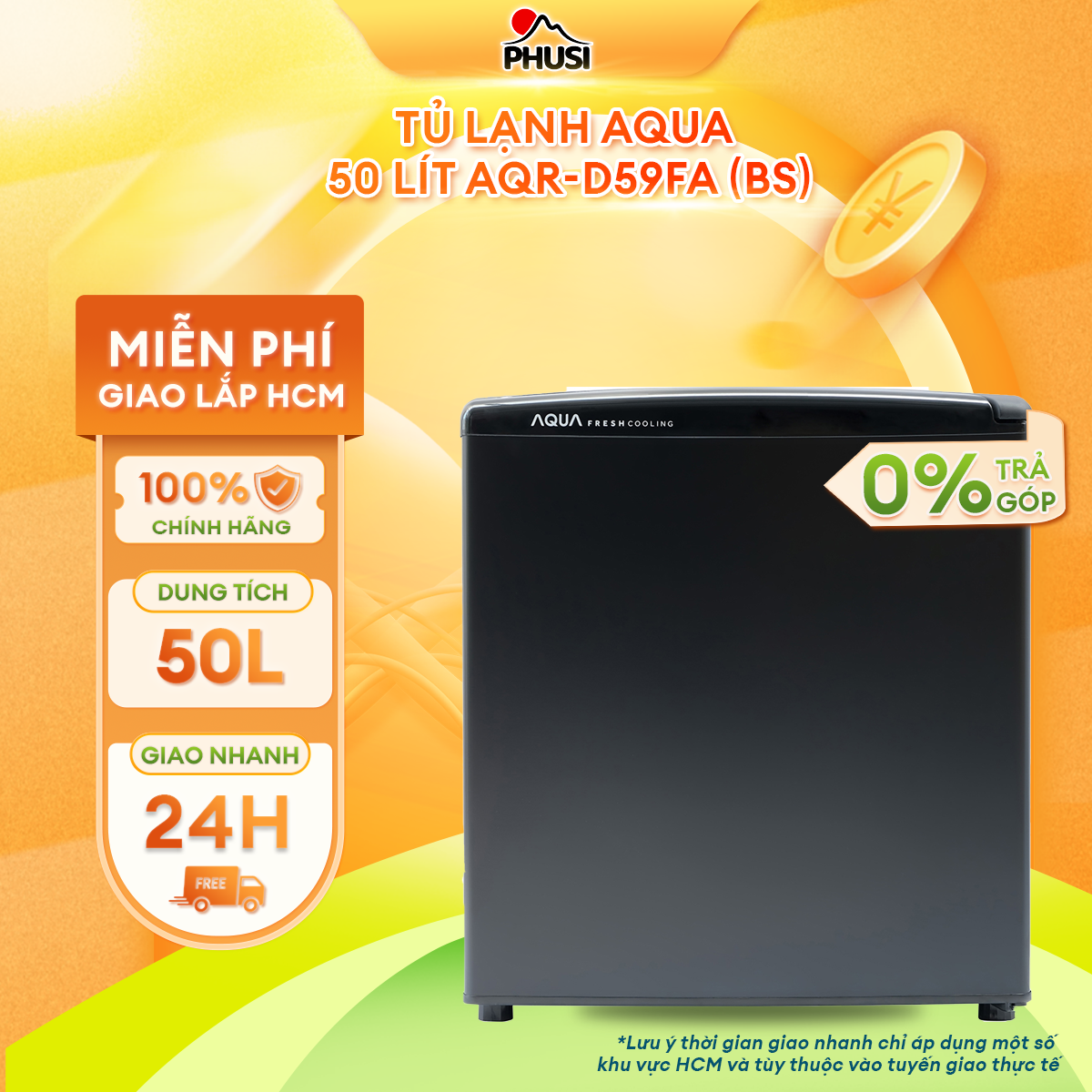 Tủ Lạnh Mini Aqua 50 lít AQR-D59FA-BS - Hàng Chính Hãng - Chỉ giao tại HCM