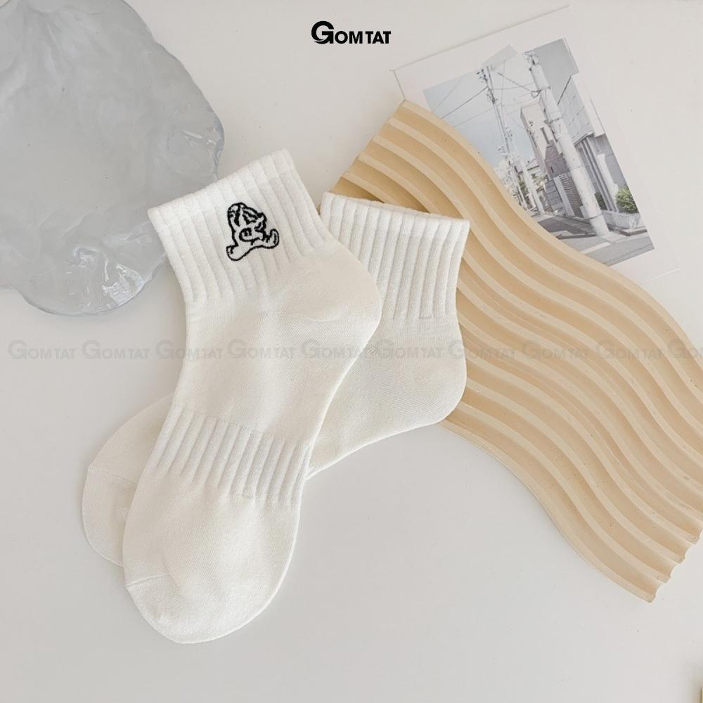 Tất nữ cổ ngắn GOMTAT màu trắng họa tiết dễ thương, chất liệu cotton mềm mại thấm hút thoáng khí - NGANICON-PO-3024-1DOI