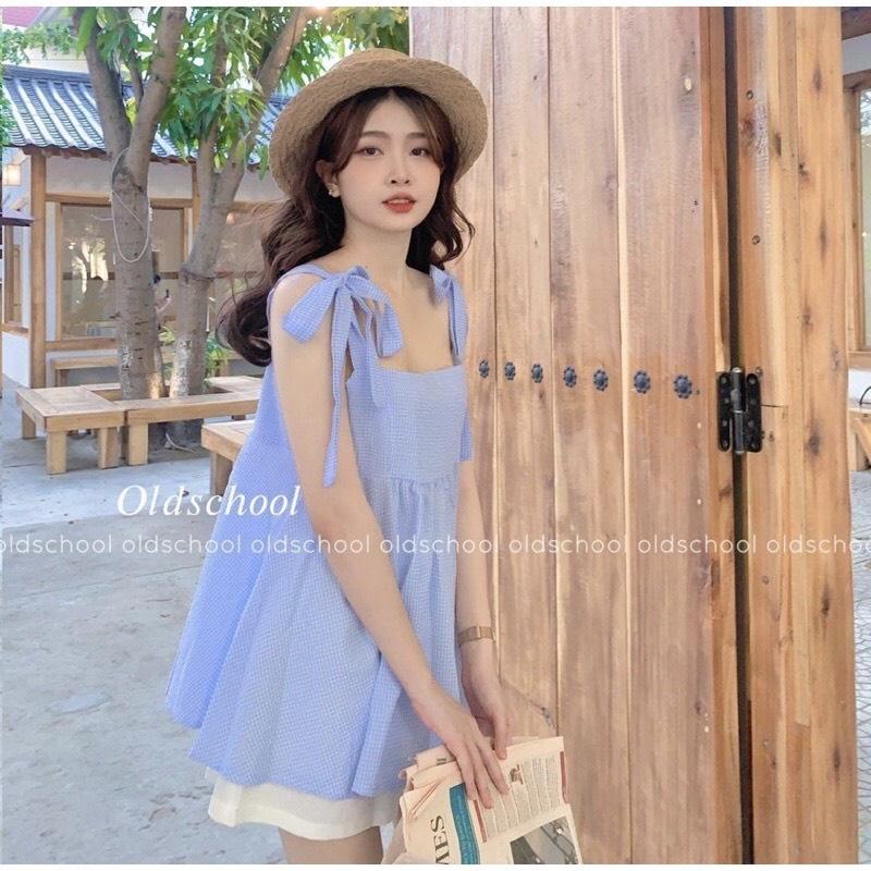Sét áo 2 dây babydoll kẻ xanh và quần sooc siêu xinh