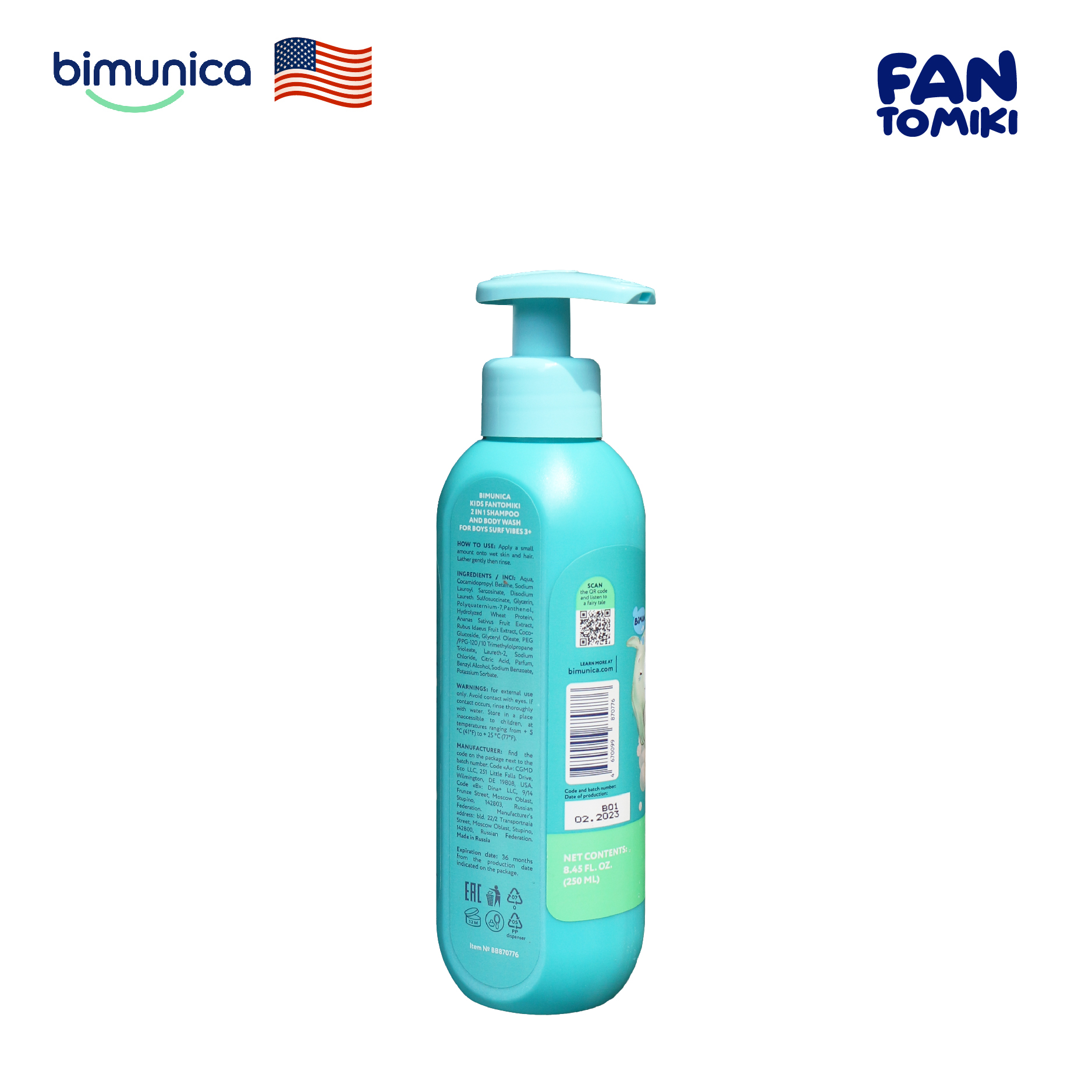 Sữa Tắm Gội 2in1 BIMUNICA Fantomiki Cho Bé Trai từ 3 Tuổi - 250ml Không Cay Mắt, Làm Sạch, Làm Mềm