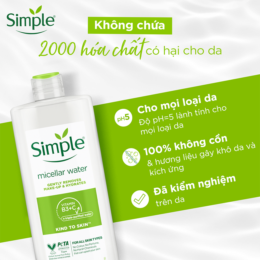 Combo 2 Nước tẩy trang Simple Micellar làm sạch 99% trang điểm, cho da thoáng mịn tức thì 400ml và 200ml