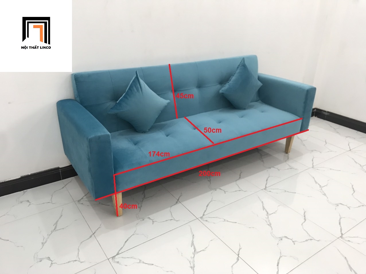 Ghế sofa giường TV xanh dương vải nhung