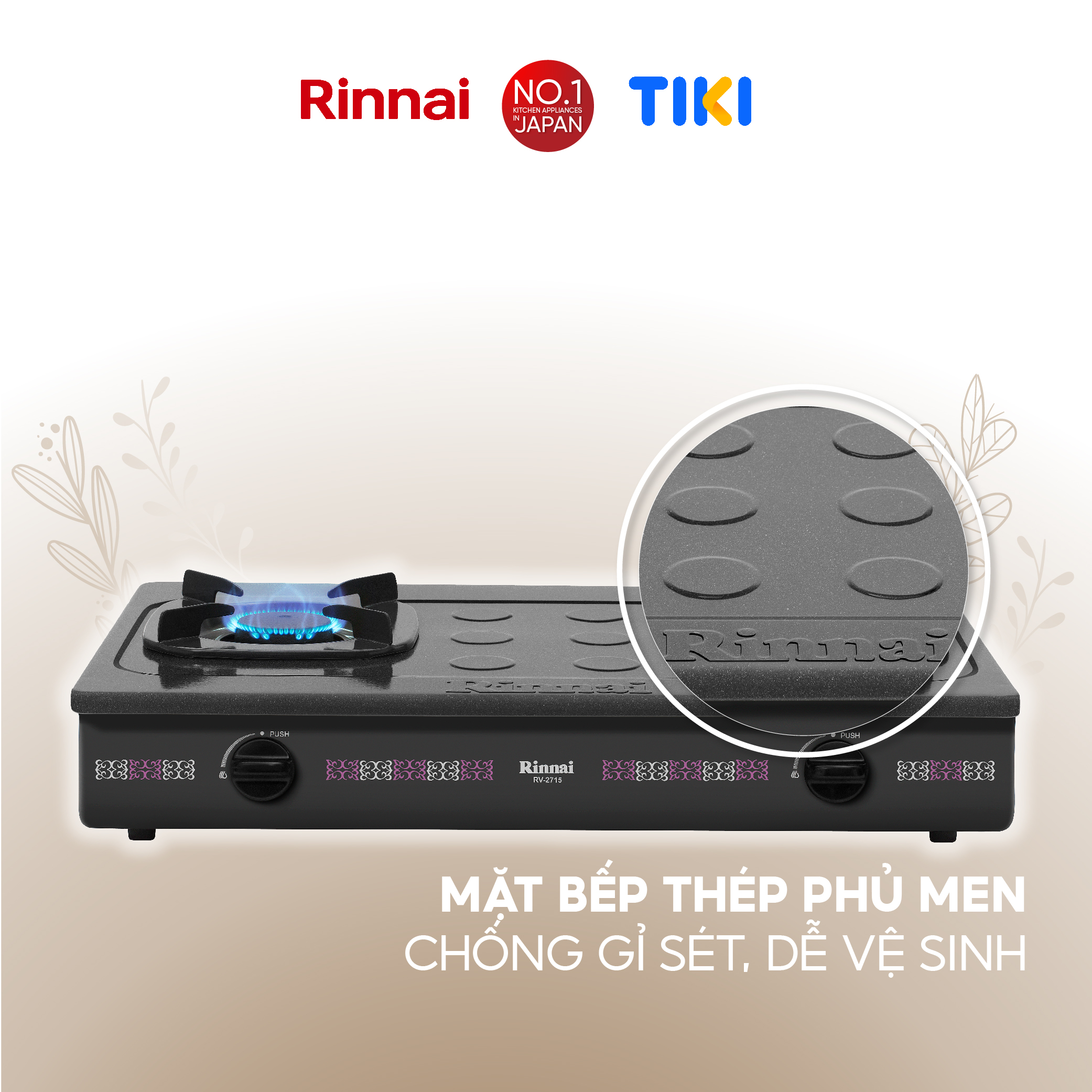 Bếp gas dương Rinnai RV-2715(G) mặt bếp men và kiềng bếp men - Hàng chính hãng