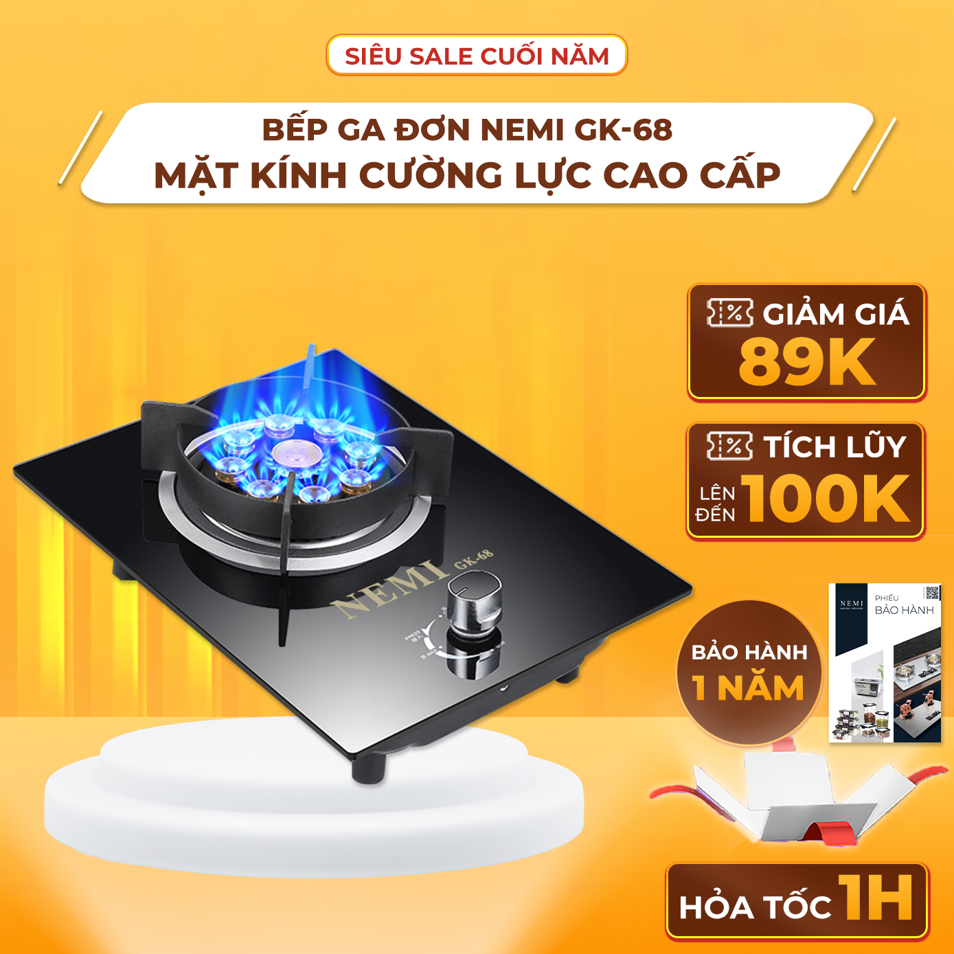 Bếp Gas Đơn GK-68 Bề Mặt Kính Cường Lực Cao Cấp, Tích Hợp 9 Đầu Đốt Nấu Nướng Nhanh Tiết Kiệm Gas, Phù Hợp Lắp Âm Và Dương