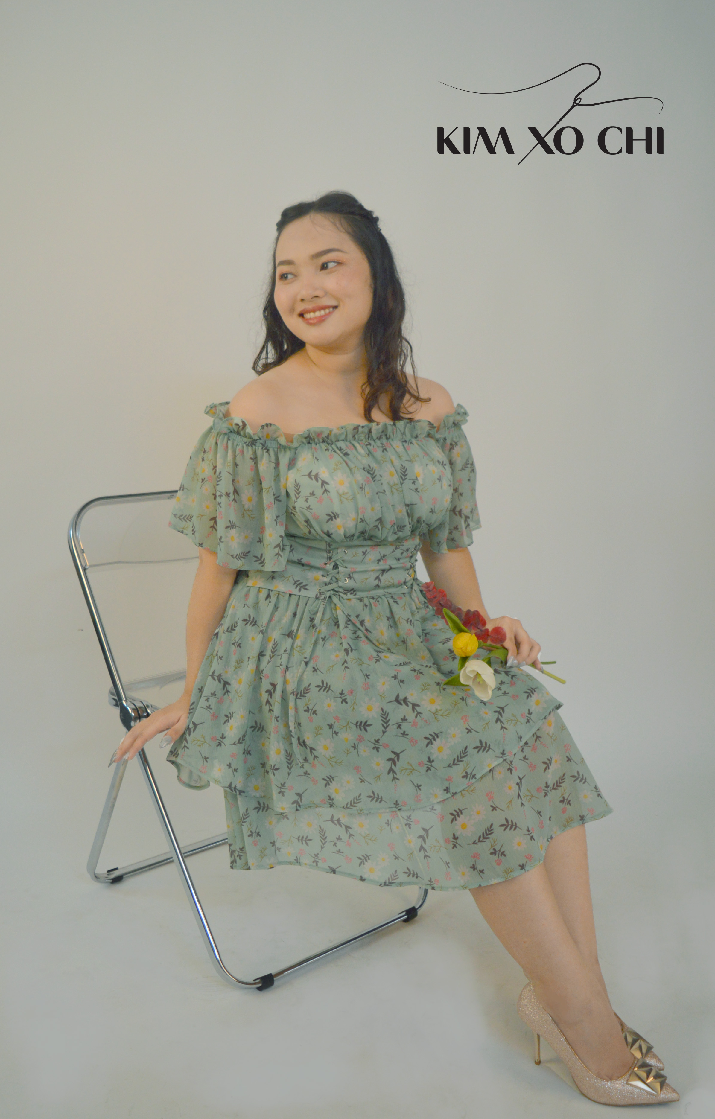 Đầm bigsize trễ vai xanh hoa