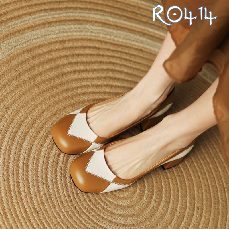 Giày nữ công sở phối màu chỉ nổi cao cấp ROSATA RO414 - 4p - Đen, Vàng - HÀNG VIỆT NAM - BKSTORE