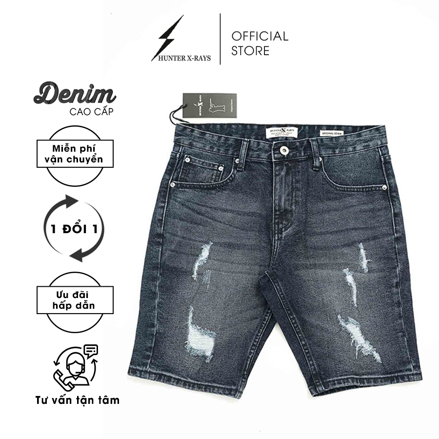 Quần Short Jeans Nam Rách Cao Cấp HUNTER X-RAYS  Slimfit Thun Màu Xanh Đen S45