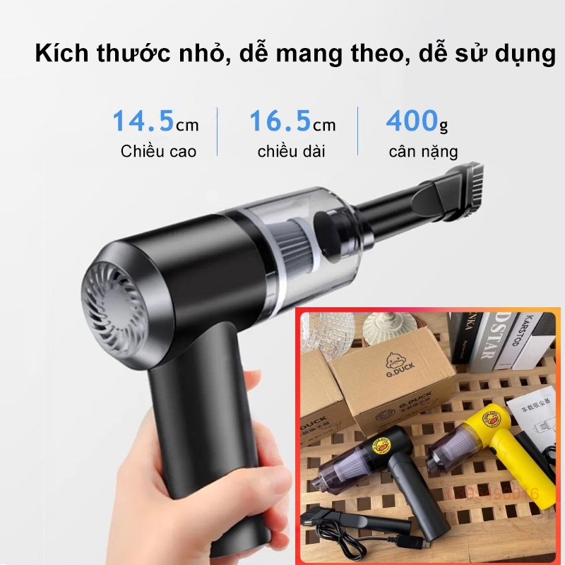 Máy Hút Bụi Vịt Vàng Mini Cầm Tay Không Dây Gduck sạc tích điện công suất 120W hút bụi giường, ô tô lực hút 9000PA