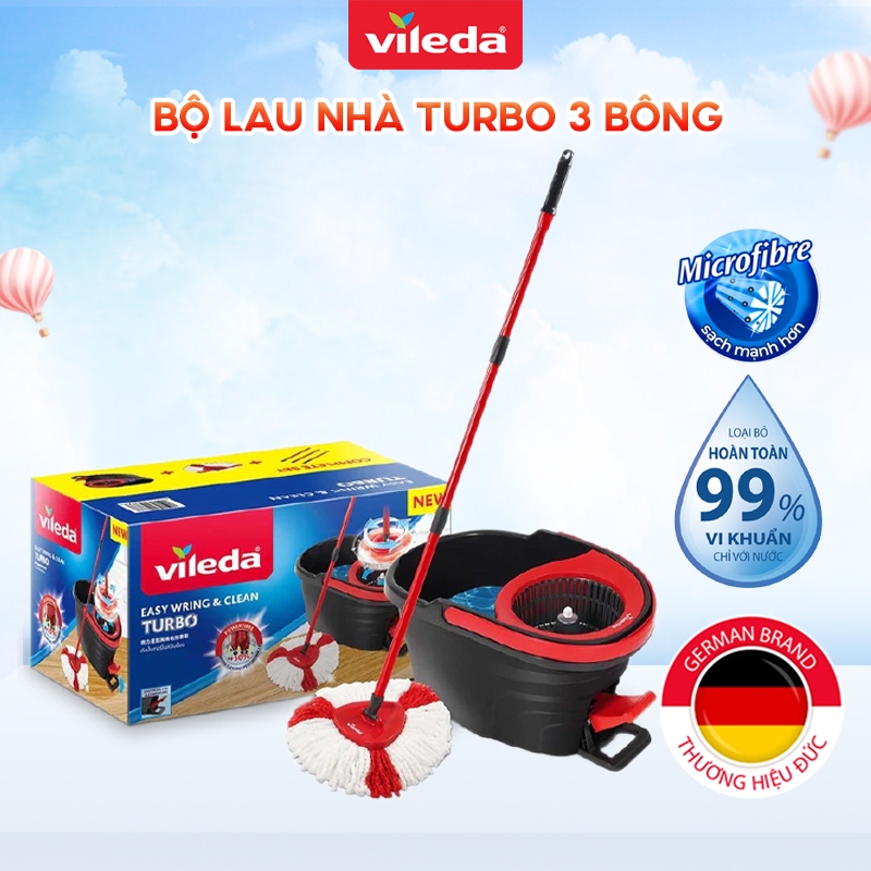 [162657] Cây lau nhà VILEDA Turbo Easy Wring&amp;Clean đầu lau tam giác, xô giặt quay bằng chân, thêm 2 bông lau