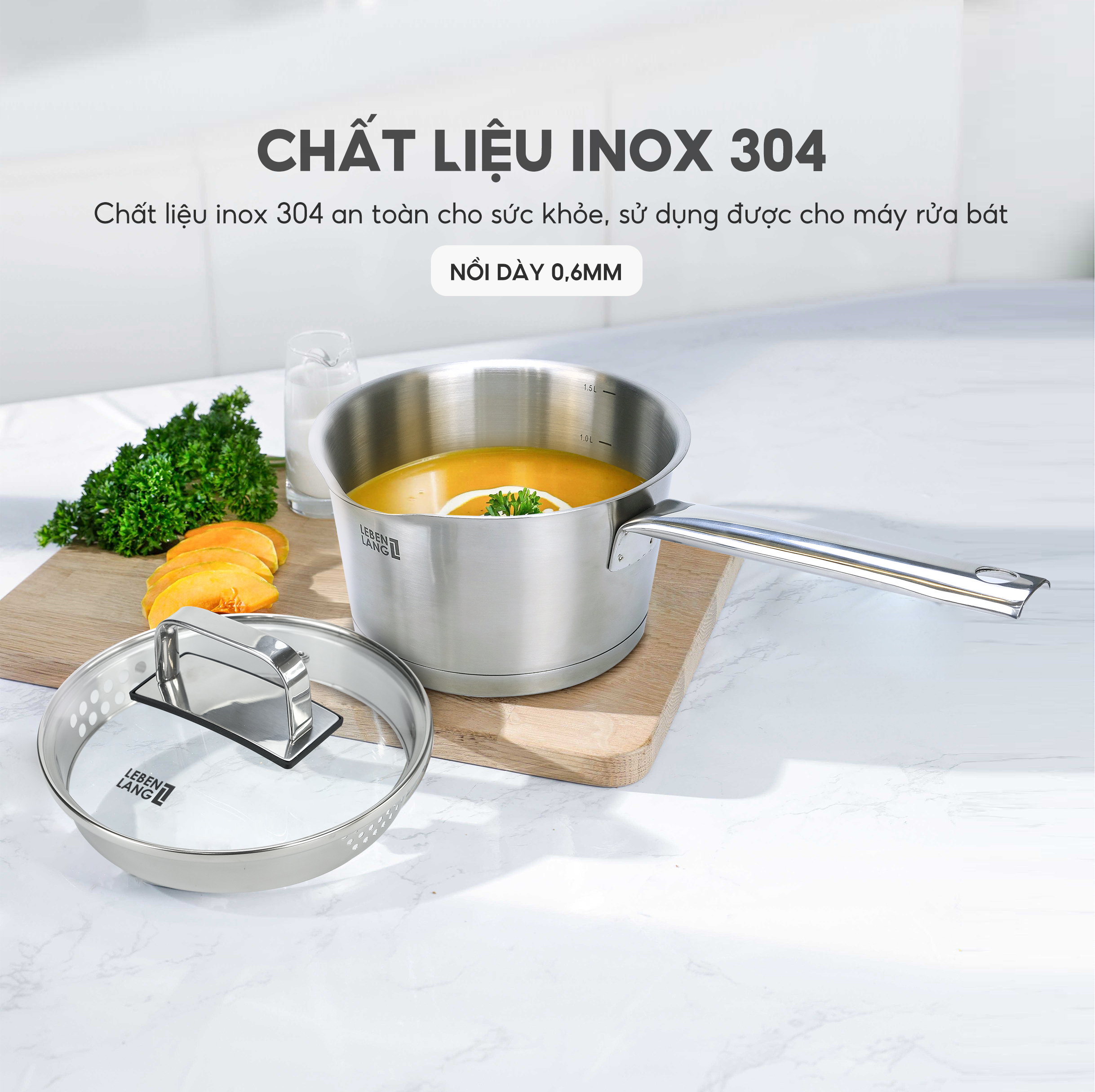 Quánh inox 304 vung kính đáy 3 lớp Lebenlang LBL2528, size 18 có khe chắt nước, dùng cho mọi loại bếp - hàng chính hãng