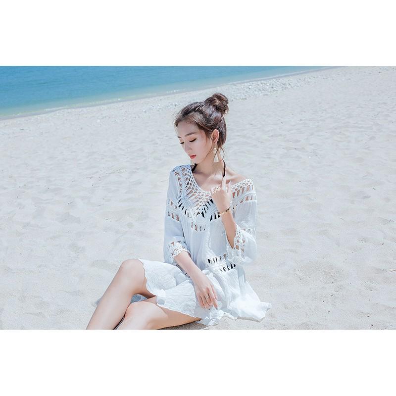 Áo ren lưới thời trang đi biển lệch vai