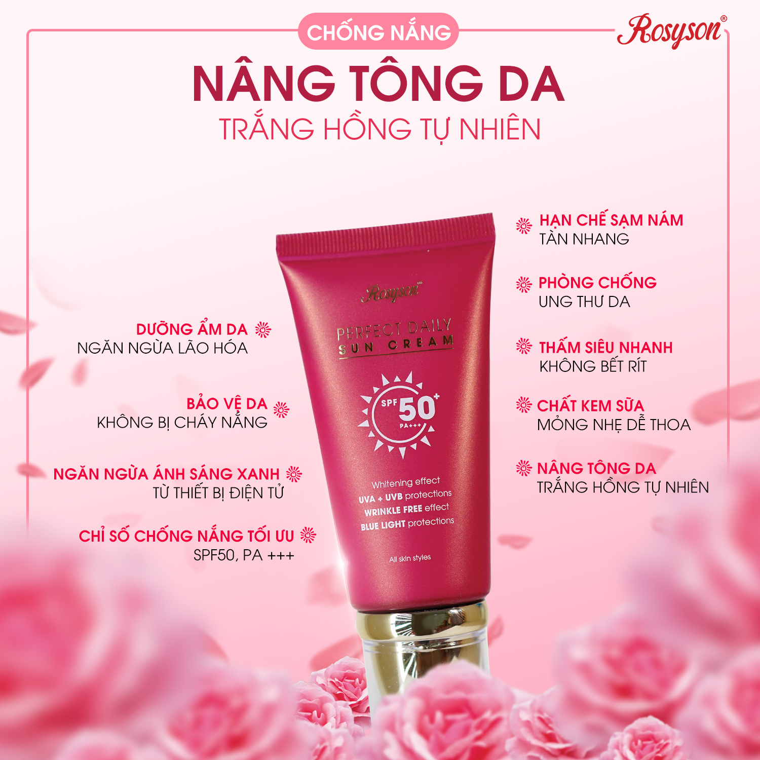 Kem Chống Nắng Rosyson SPF50+ PA+++, Kiềm Dầu, Nâng Tone, Không Bết Rít (Tặng kèm 1 tẩy trang mini 69k)