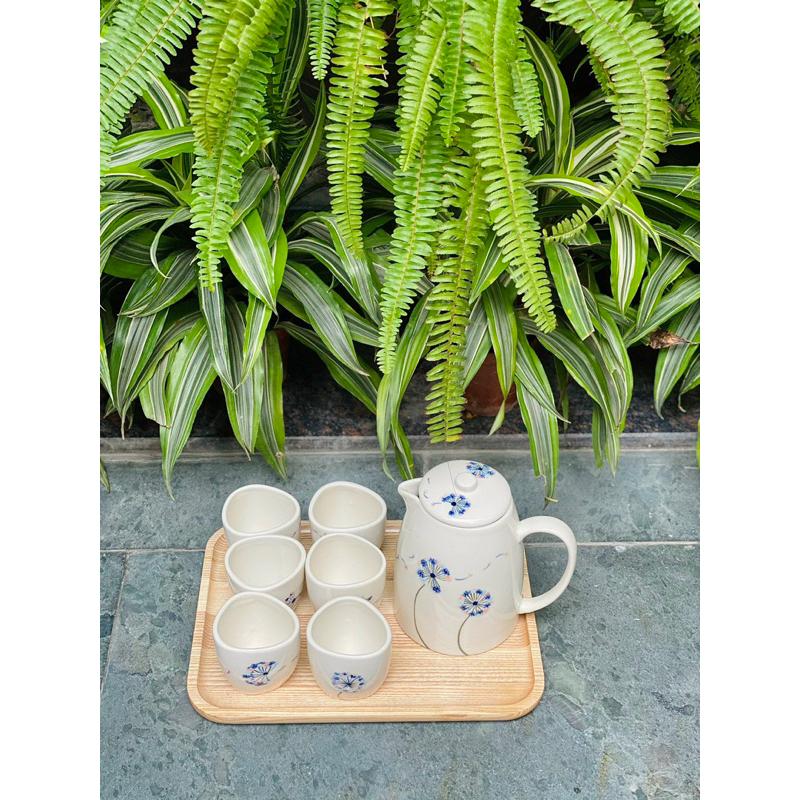 Bộ bình nước bình trà gốm Bát tràng hoạ tiết dễ thương hình hoa, dưa hấu - Bình 1 lít + cốc 180ml - Gốm sứ Bát tràng