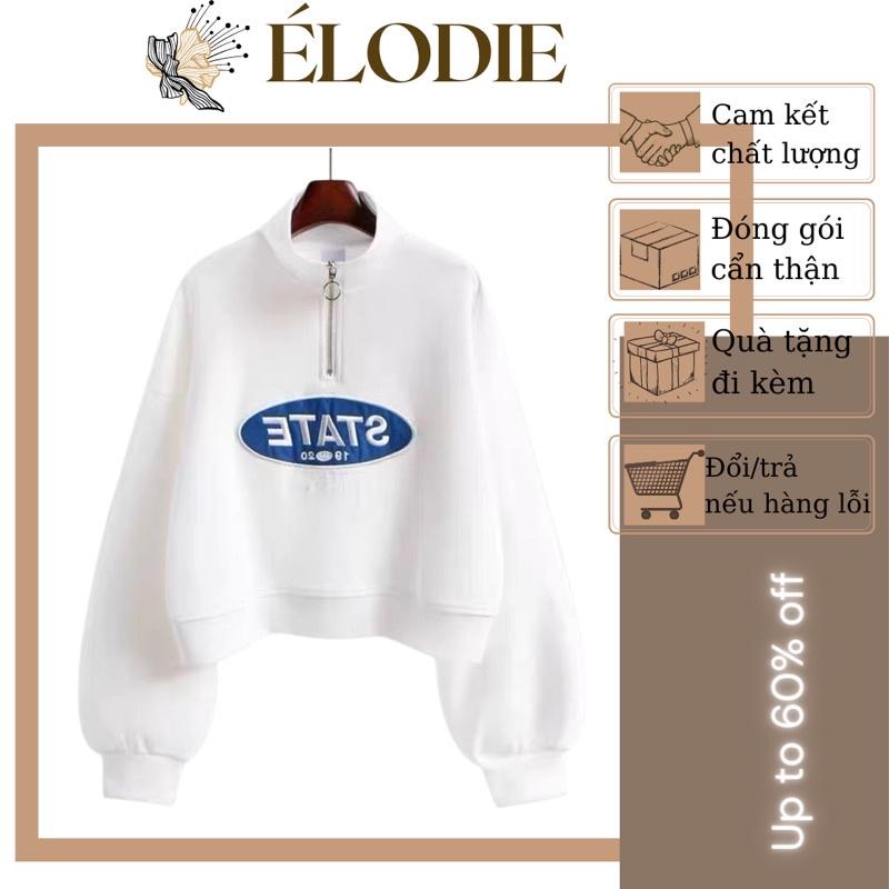 Áo Polo Cao Cổ Khoá Kéo Dáng Ngắn Tay Bồng Thêu Chữ STATE Vải Mềm Mịn Đẹp SWEATER