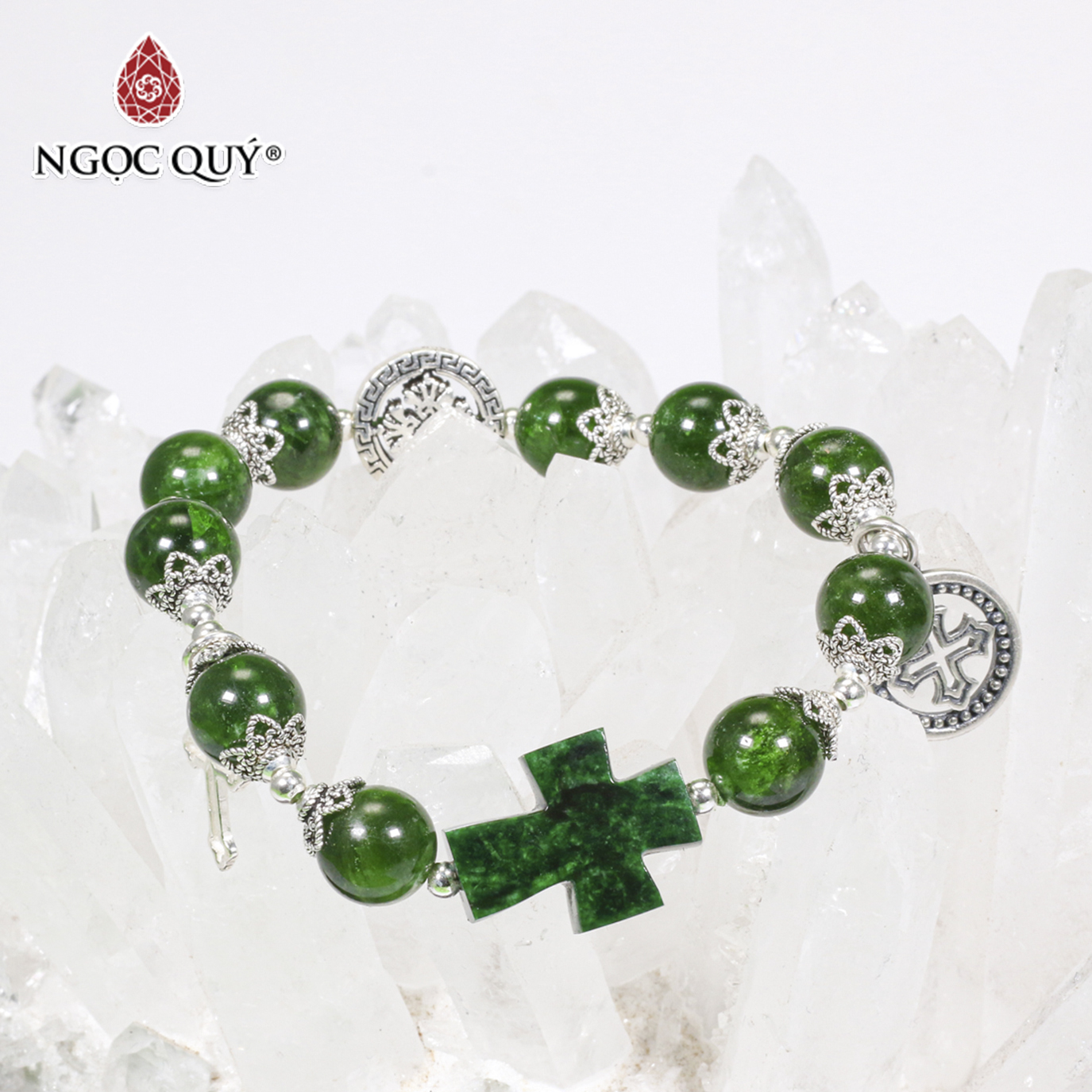 Vòng tay mân côi đá diopside phối thánh giá cẩm thạch sơn thủy charm bạc mệnh hỏa, mộc - Ngọc Quý Gemstones