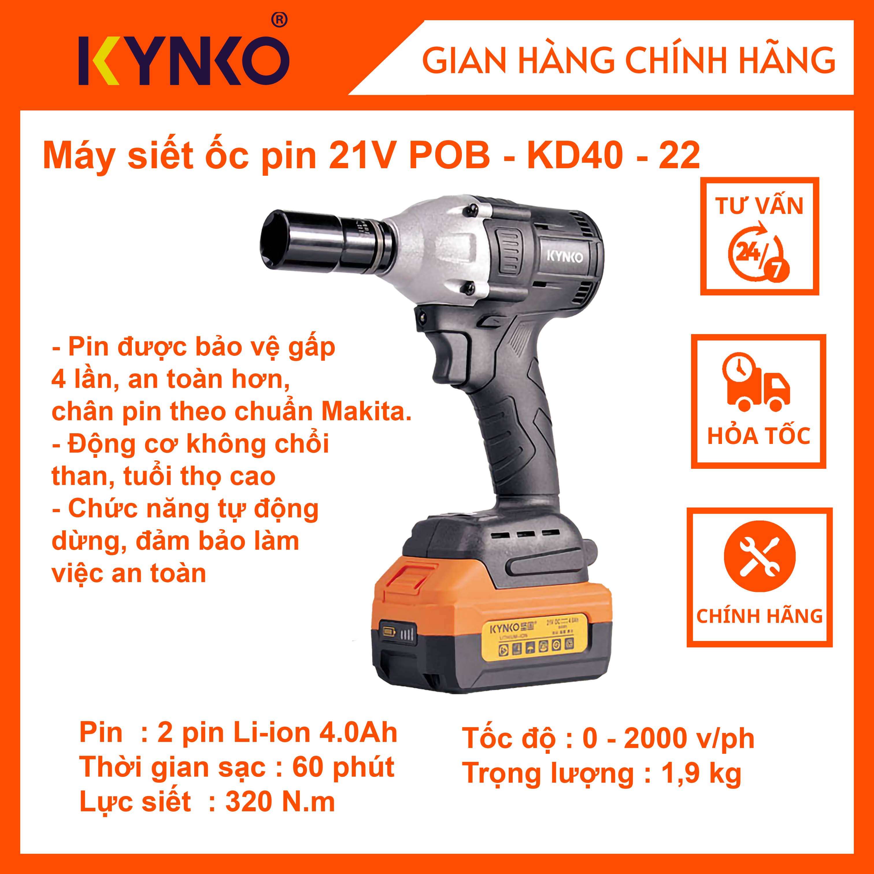 Máy xiết ốc pin cầm tay chính hãng Kynko 21V POB-KD40-22 #6402