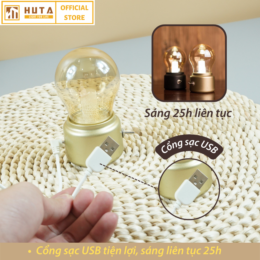 Đèn Ngủ Mini HUTA MN1 Sạc Pin Tích Điện Sáng 25h Cute Dễ Thương, Decor Trang Trí Quán Cà Phê, Nhà Hàng, Để Bàn, Bóng Led Sáng Vàng Tiết Kiệm Điện