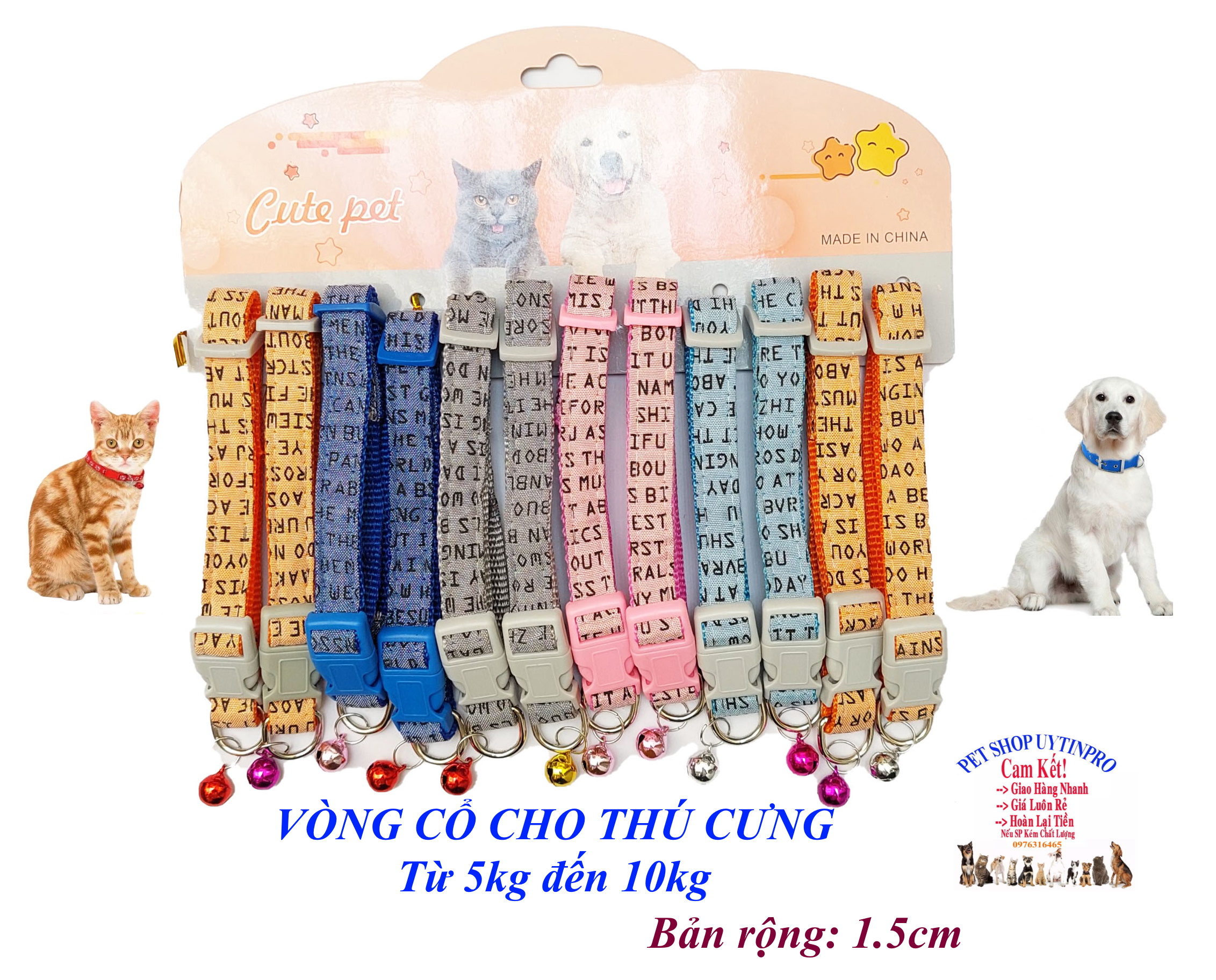 Vòng cổ kèm chuông cho Chó Mèo từ 5kg đến 10kg Bản rộng 1.5cm In chữ cái Chất liệu vải dù chắc chắn, dễ chịu khi đeo