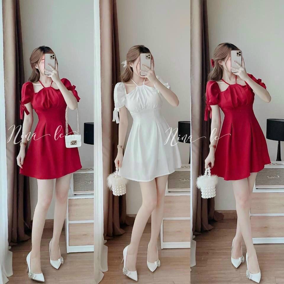 Đầm xoè tiểu thư cổ yếm tay nơ xinh xắn