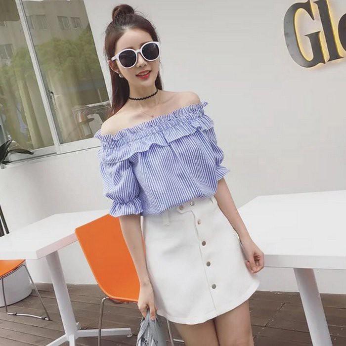 Áo kiểu nữ trễ vai cổ nhún bánh bèo ale26
