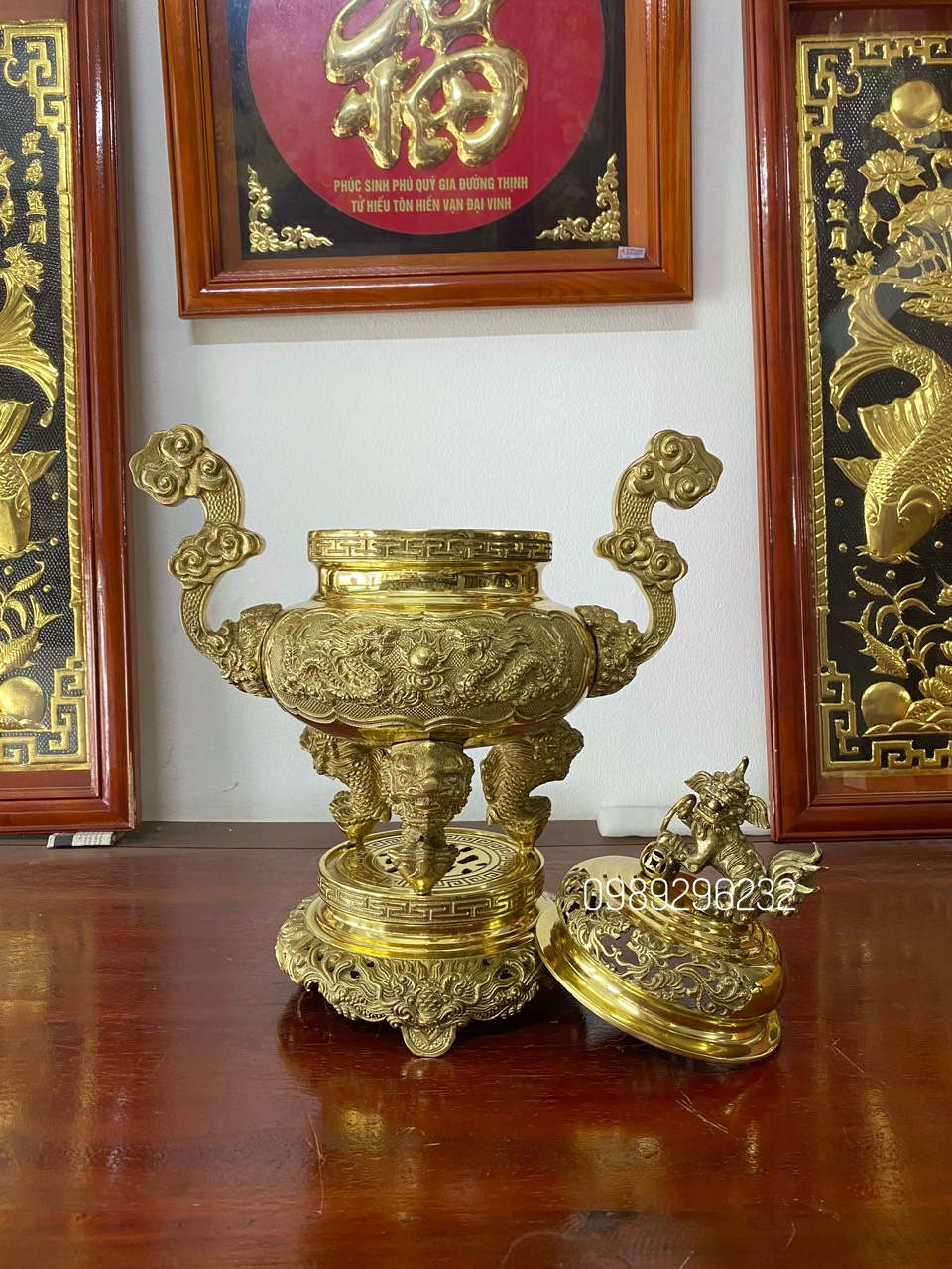 Quả đỉnh thờ lư thờ lư hương bằng đồng nguyên chất cao 34cm