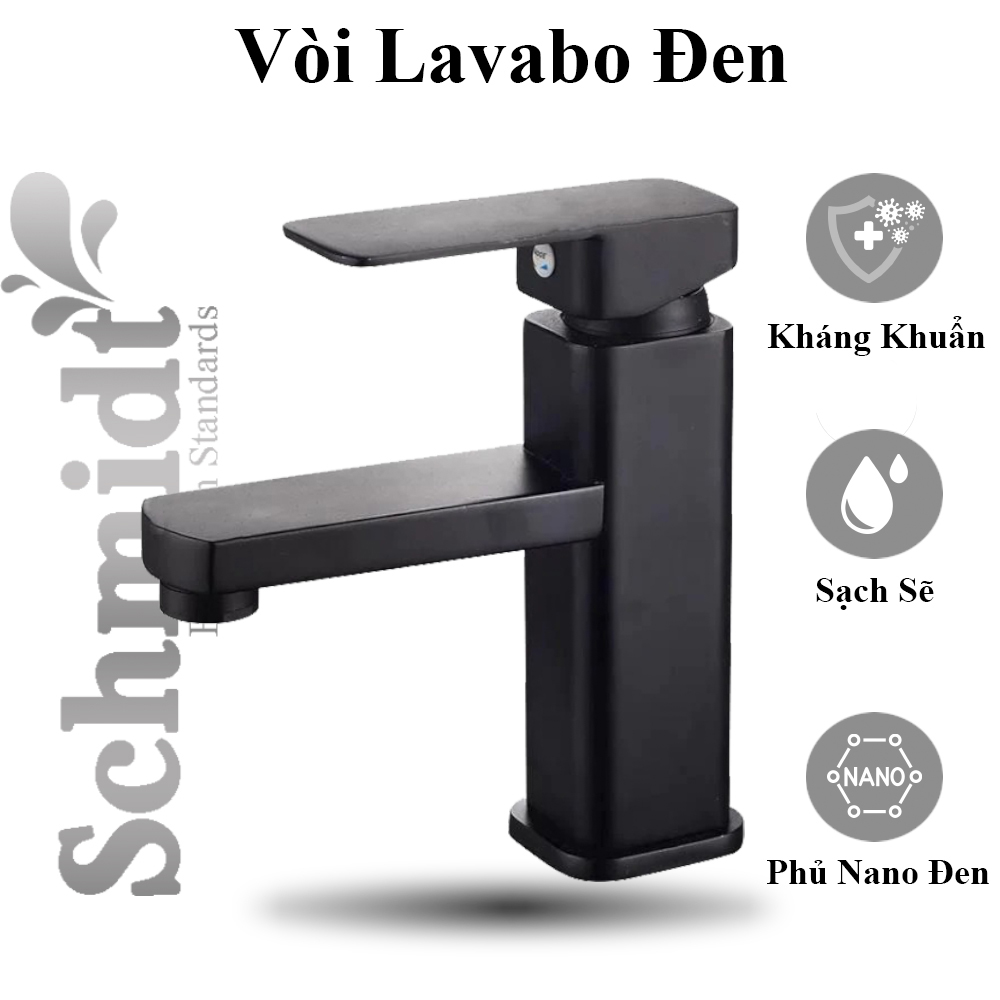 Vòi lavabo vuông nóng lạnh mạ đen inox 304 Schmidt - thân cao 20 cm, tặng kèm bộ dây cấp nước nóng lạnh 40 cm, vòi chậu rửa mặt vuông nóng lạnh mạ đen sang trọng phù hợp với mọi lavabo - Hàng Chính Hãng