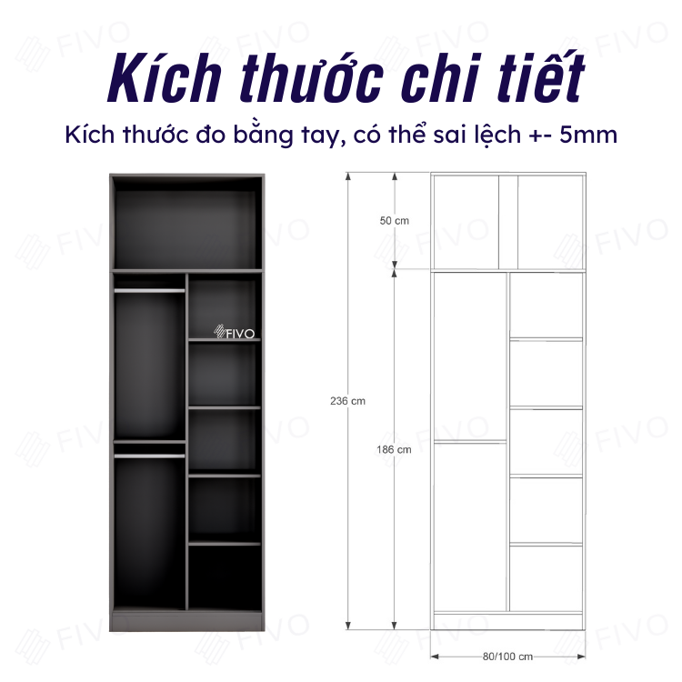 Tủ Treo Áo Quần Cửa Trượt Gỗ Lõi Xanh Chống Ẩm Cao Cấp FIVO Mã FC31 Nhiều Kích Thước Phù Hợp Với Mọi Không Gian - Màu Xám + Trắng