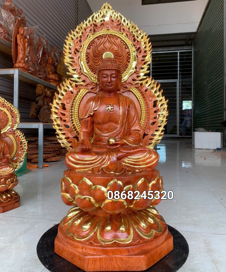 Bộ tượng thất phật được sư bằng gỗ hương đá kt cao 40×20cm +lá chắn hào quang cao tổng 54cm