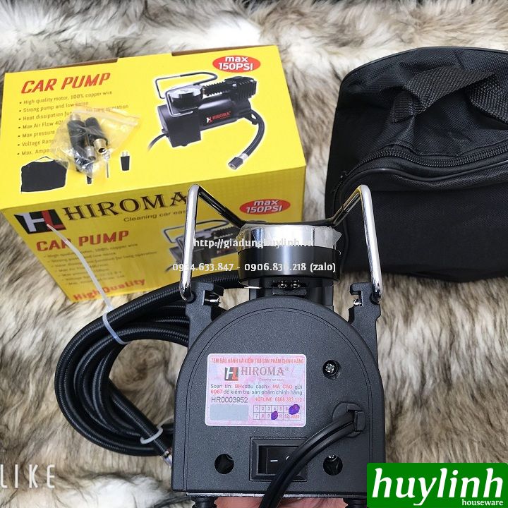 Máy bơm lốp mini ô tô Hiroma DHL-0312 - 12V - Tặng túi xách - Hàng chính hãng