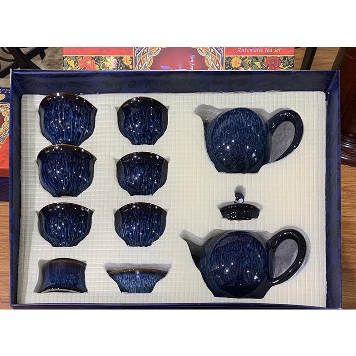 Bộ Chén Trà Sứ Men Hỏa Biến Màu Xanh Cao Cấp
