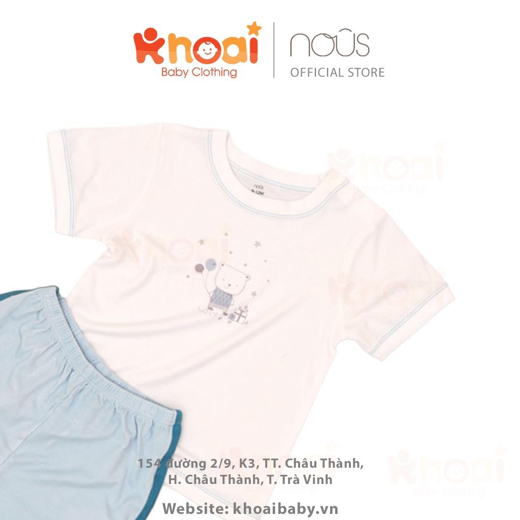 Bộ cài vai cộc Nous xanh trắng hình gấu - Chất liệu Nu Petit 95% cotton thiên nhiên