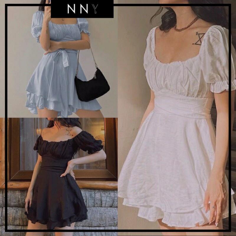 Váy trễ vai, nhún ngực. Dáng váy xòe, may 2 lớp có quần bảo hộ - Sandy Dress - V067