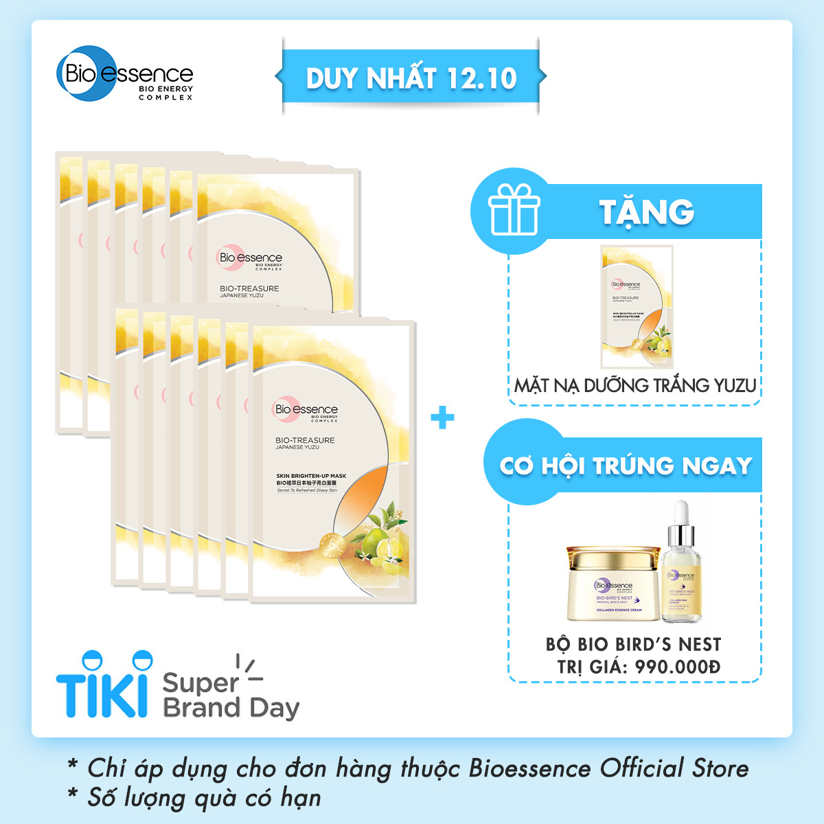 Hộp 12 miếng Mặt nạ dưỡng trắng da chiết xuất quả thanh yên Yuzu Nhật Bản Bio-essence 20ml (12 miếng x 20ml)