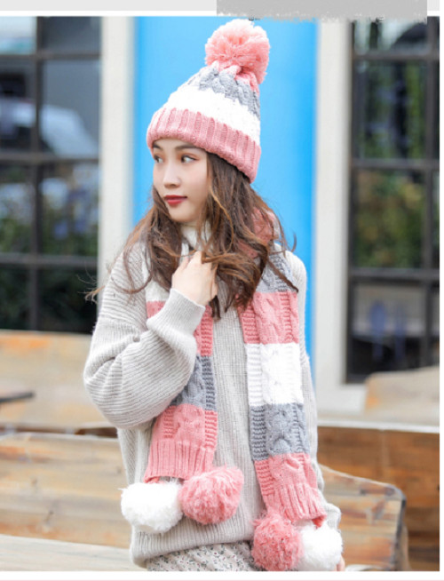 Bộ mũ len quả bông kèm khăn và găng tay lót nỉ phong cách Hàn, sét nón len cho nữ cao cấp