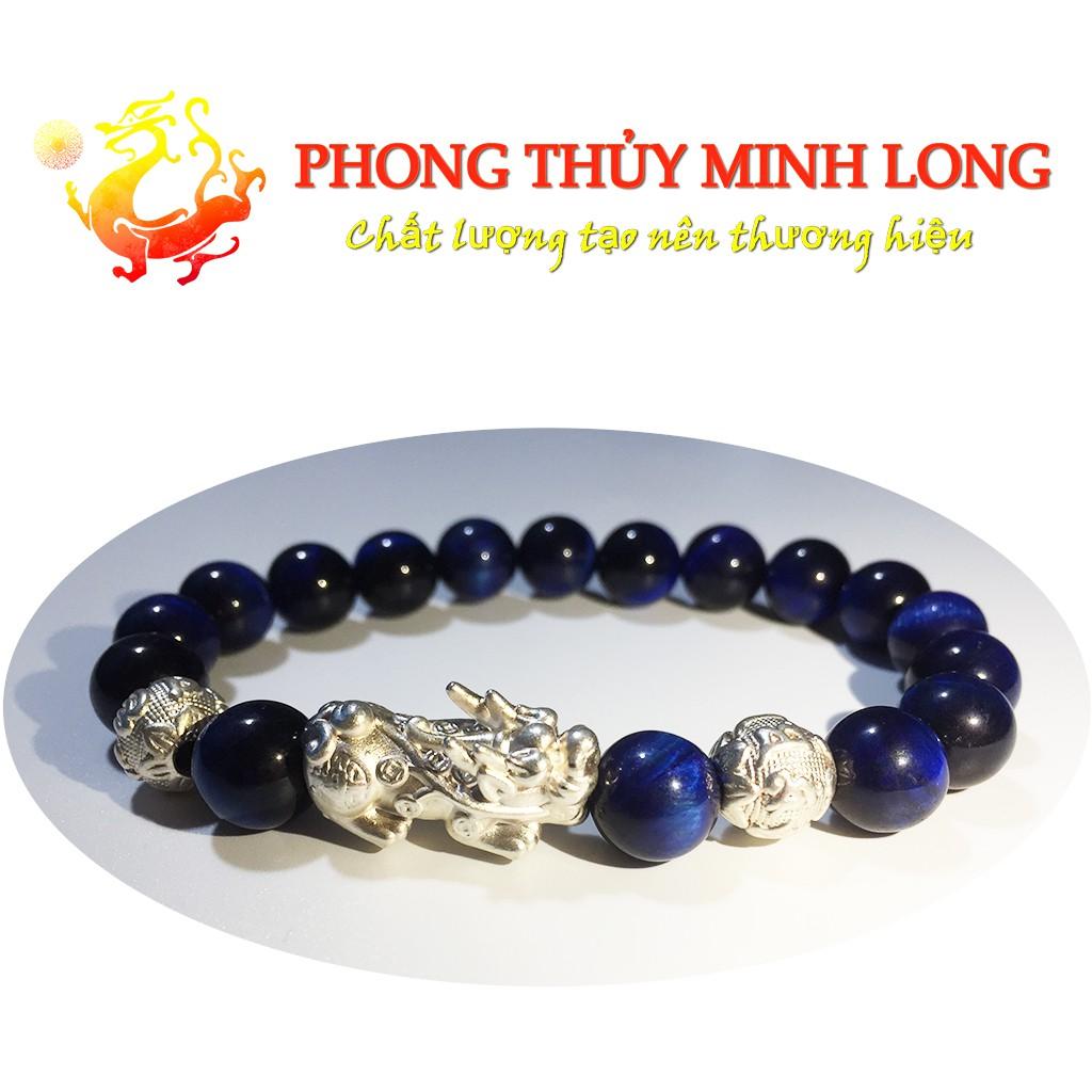 Vòng tay đá Mắt Hổ Xanh Dương 5A mix tỳ hưu và 2 hạt Bạc hợp mệnh Thủy và Mộc