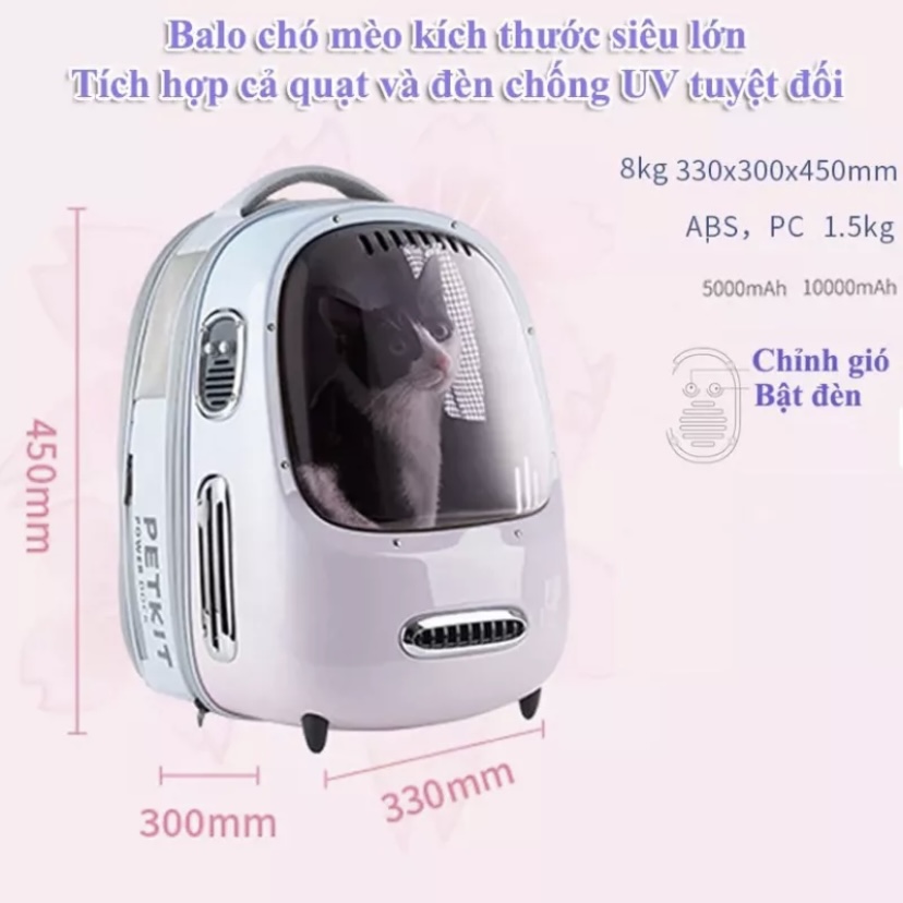 Balo cao cấp Petkit có đèn và quạt thông khí làm mát cho mèo