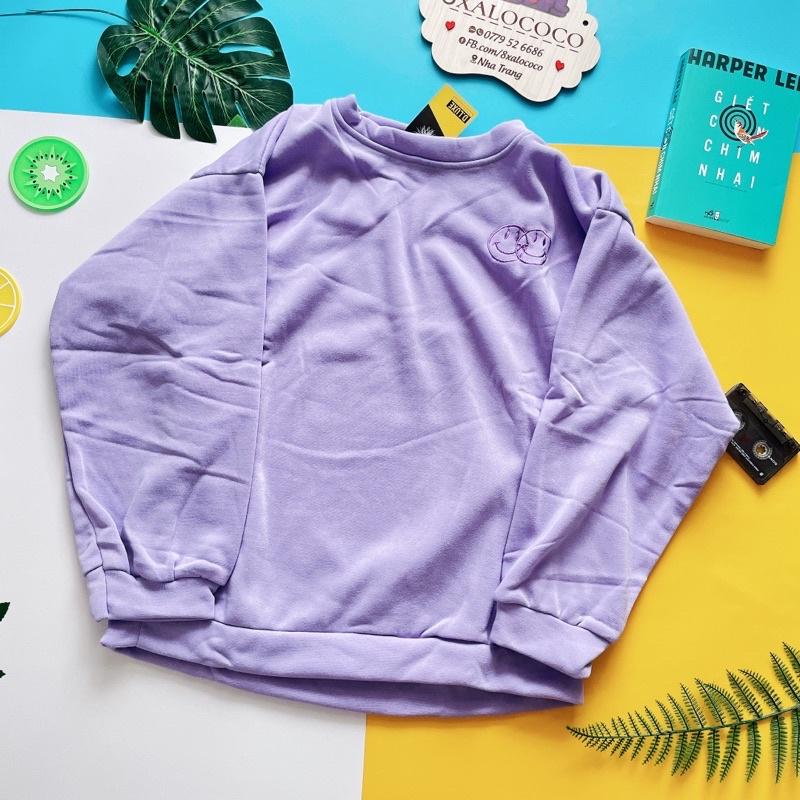 ÁO SWEATER FORM RỘNG MÀU TÍM THÊU MẶT CƯỜI