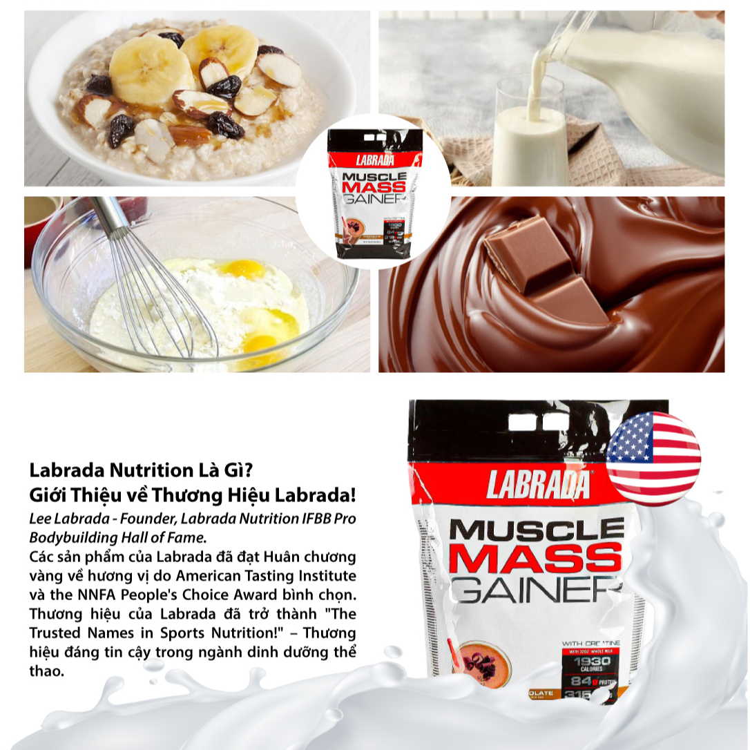 Labrada Muscle Mass Gainer (5.4Kg), Sữa Hỗ Trợ Tăng Cân &amp; Cơ Nạc, Bổ Sung 1265 Calo, 52g Protein, 17g BCAA &amp; 20 Loại Vitamin Khoáng Chất